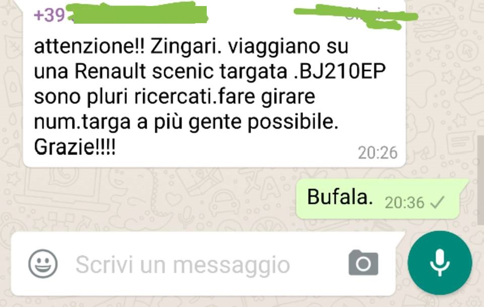 bufalazingari L'ennesima bufala razzista gira su Whatsapp: Zingari con una Renault scenic targata BJ210EP