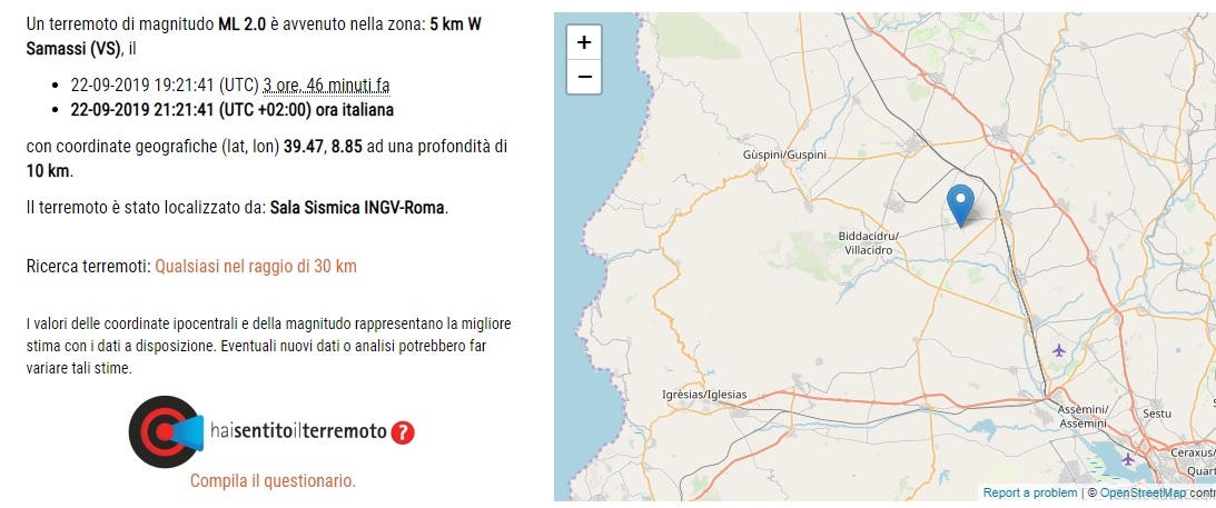 samassiterremoto Nuova Scossa di terremoto in Sardegna: Registrato sisma a 5 KM da Samassi nel Medio Campidano