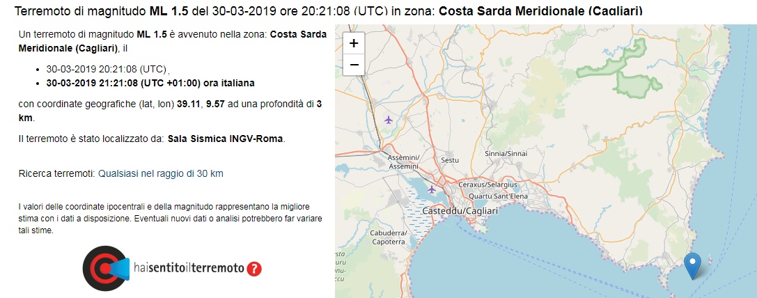 terremotovilla Scossa di terremoto nel mare di Villasimius: sisma di magnitudo 1,5 al largo della costa sud orientale della Sardegna